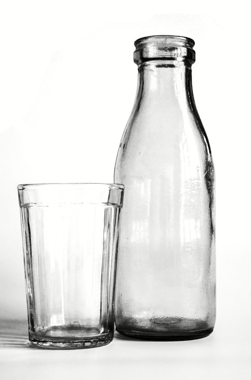 soviet, black and white, drink, close-up, container, transparent, studio shot, old, table, retro, yogurt, bottles, glass bottle, drinking glass, indoors