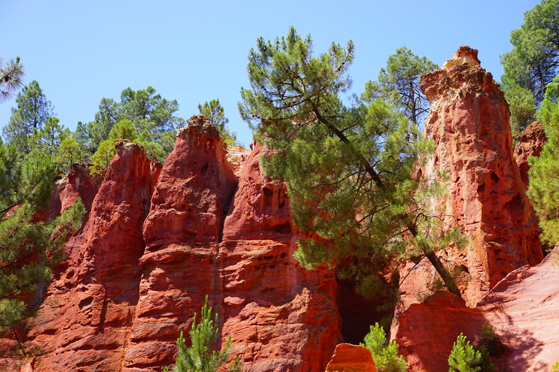 provence, red ocher, nature, travel destinations, beauty in nature, ocher rocks, tree, tourism, green, red, solid, bright, sky, colorful, ockerbraun, chaussee of geants
