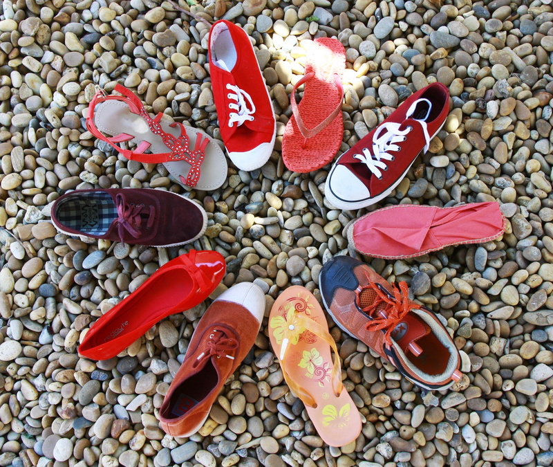 stone - object, sandal, shoe, choice, ballerina, slipper, meeting, colour, friends, close-up, assorted, day, variety, stone, purple, shoes, pebble, outdoors