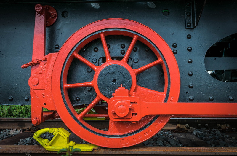 transportation, red, steam locomotive, track, photography, circle, no people, geometric shape, public transportation, close-up, train, engine, transport