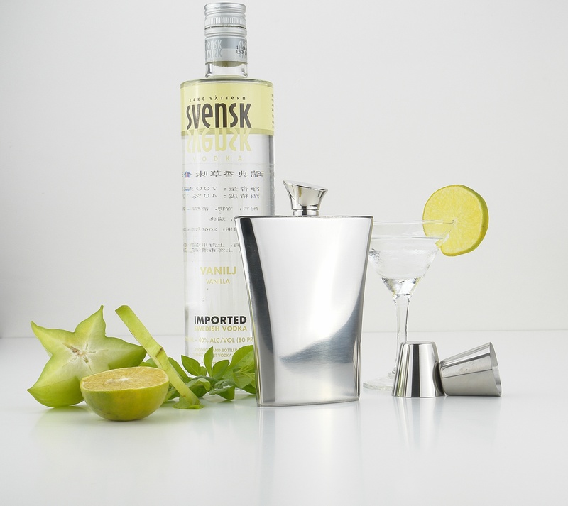 flagon, star fruit, stainless steel cup, stainless steel hip flask, no people, lemon, studio shot, indoors, freshness, still life, wellbeing, glass, refreshment
