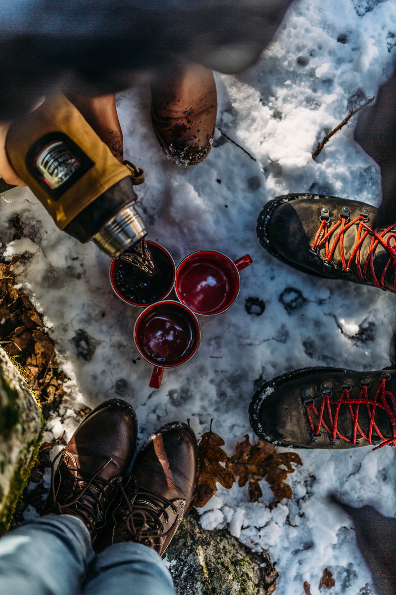 day, boots, cold temperature, mugs, water, high angle view, drink, shoe, person, three, flask, snow, feet, human leg, winter, 5K, container, human body part