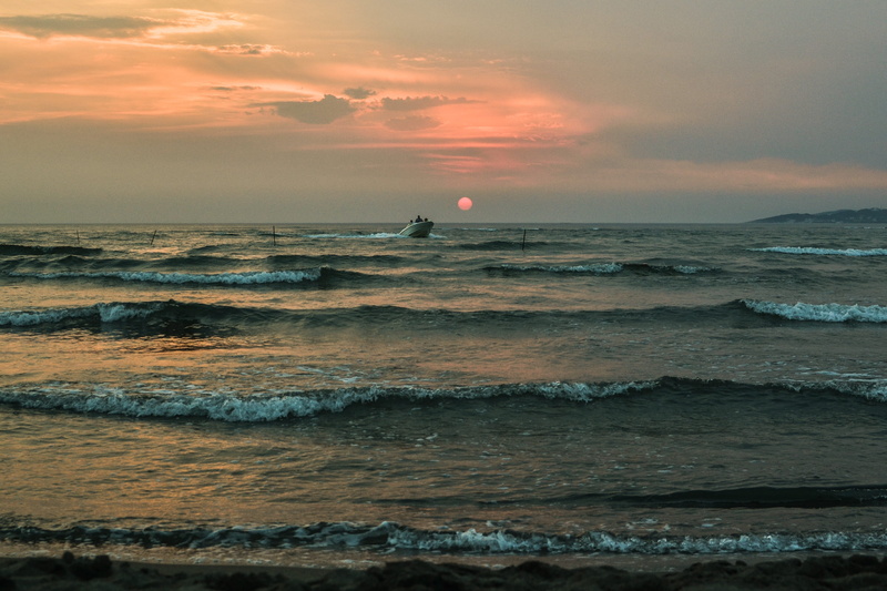 cloud - sky, sea, nature, horizon over water, sunset, motorboat, vehicle, dawn, beach, transportation, white, land, boat, wave, outdoors, shoreline, coast