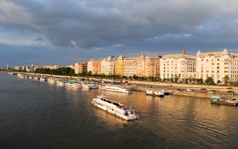 ships, watercrafts, body, architecture, waterfront, harbor, buildings, 4K, river, danube, travel, passenger craft, mode of transportation, clouds, nautical vessel