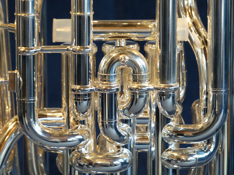 no people, reflection, bugle, wind instrument, silver colored, 4K, colored, sheet, close-up, Euphonium, trains, ornate, Brass Instrument, silver, metal