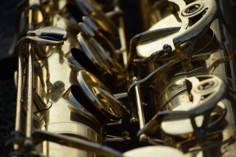 large group of objects, music, metal, gold colored, trumpet, musical equipment, in a row, saxophone, musical instrument, musical instruments, arts culture and entertainment
