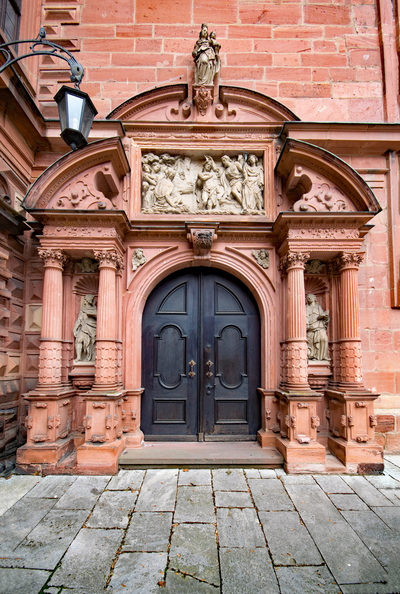black, sculpture, building, ornate, brown, sandstone, arch, entrance, wooden, security, closed, art and craft, aschaffenburg, human representation, architecture