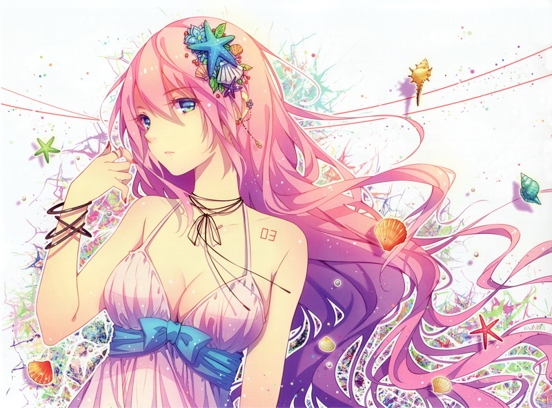 Megurine Luka, 2K, hair ornament, bangs, cleavage, starfish, dress, anime, headdress, blue eyes, long hair, Vocaloid, pink hair, seashells, anime girls