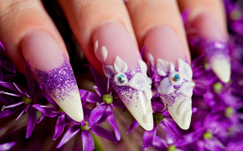 nail art, flower, manicure, holding, hand, Purple, nature, close-up, human hand, 2K, butterfly - insect, focus on foreground, one person, human body part