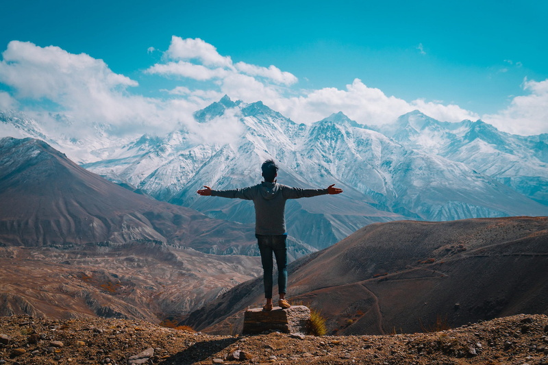 1080P, leisure activity, man, men, open arms, mountain range, blue, shirt, arms outstretched, adult, sleeved, looking at view, beauty in nature, wearing