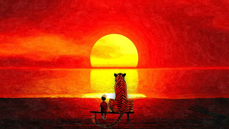 cartoon/comic, red, sunset, drawing, tiger, poster, hobbes, and, child, hd, calvin, 1080P