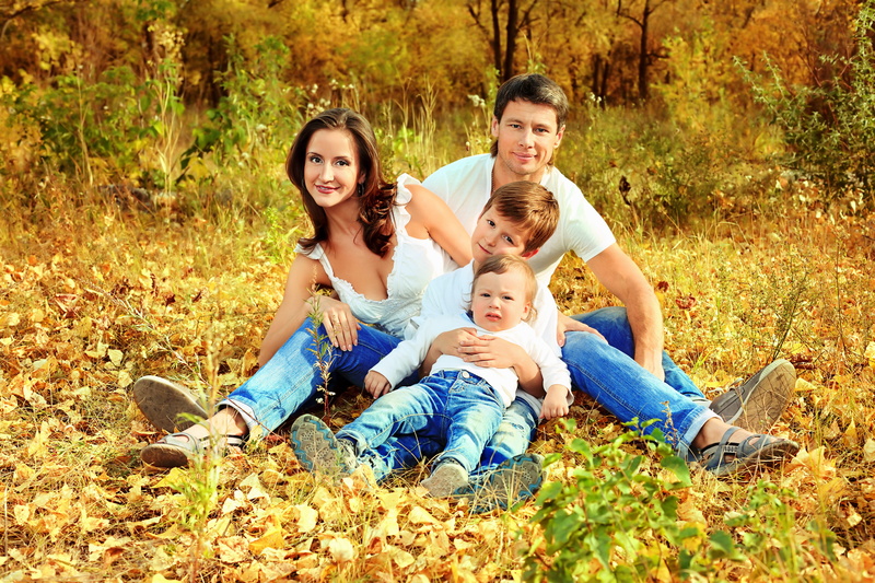 lawn, denim, portrait, bonding, shirt, crew, looking at camera, fun, yellow, outfit, fall, park - Man Made Space, father, child, parent, nature, mother