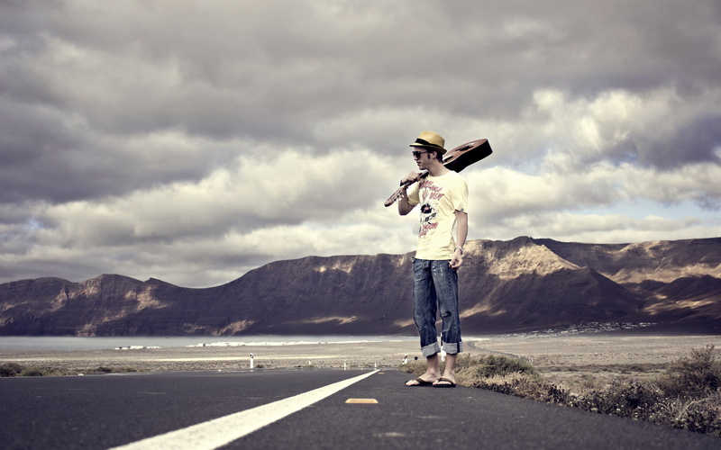cloud - sky, mountain range, transportation, sky, red, blue, real people, child, denim, outdoors, road, jeans, casual clothing, men, distressed, standing