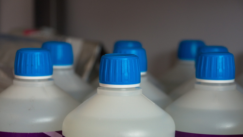 Bottles, Cap, focus on foreground, bottle, drink, group of objects, blue, detergent, retail, wall, laboratory, plastic, Container, refreshment, 5K, water bottle