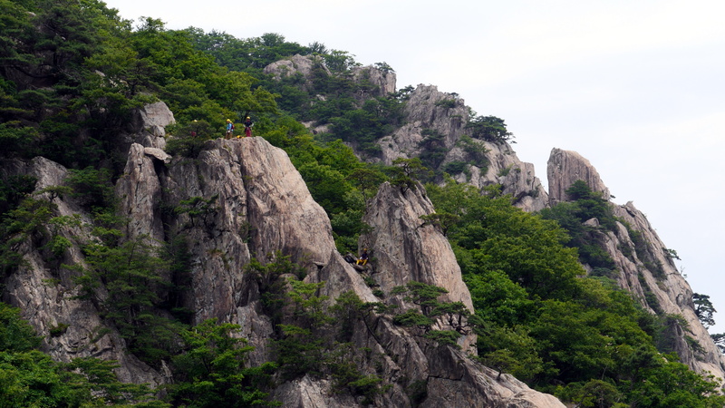 korea, outdoors, sky, green color, cancer acid, mountain, rock formation, rock climbing, wanju-gun, formation, landscape, climber, tree, rock - object