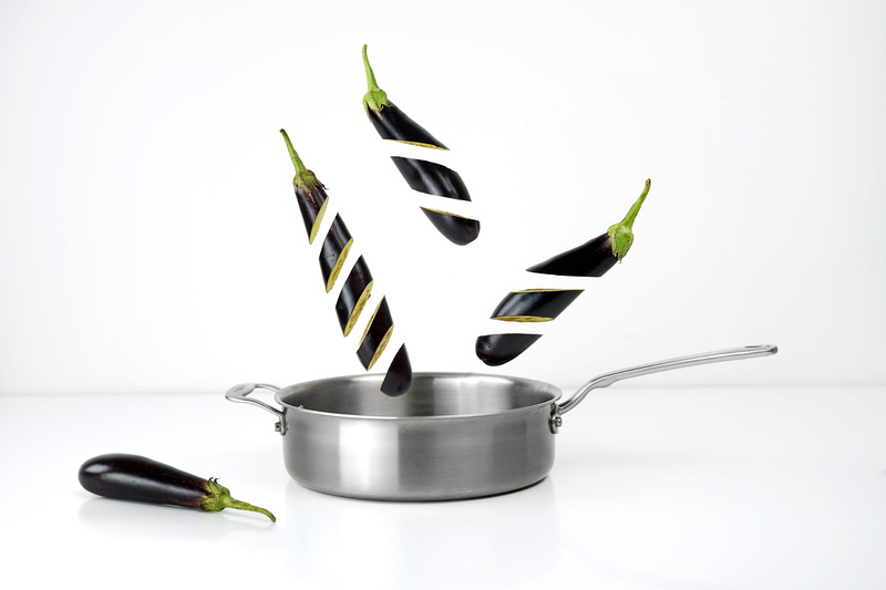 stick, still life, metal, aubergines, eggplants, fresh vegetables, household equipment, skillet- cooking pan, cooking pot, food, sliced, food and drink