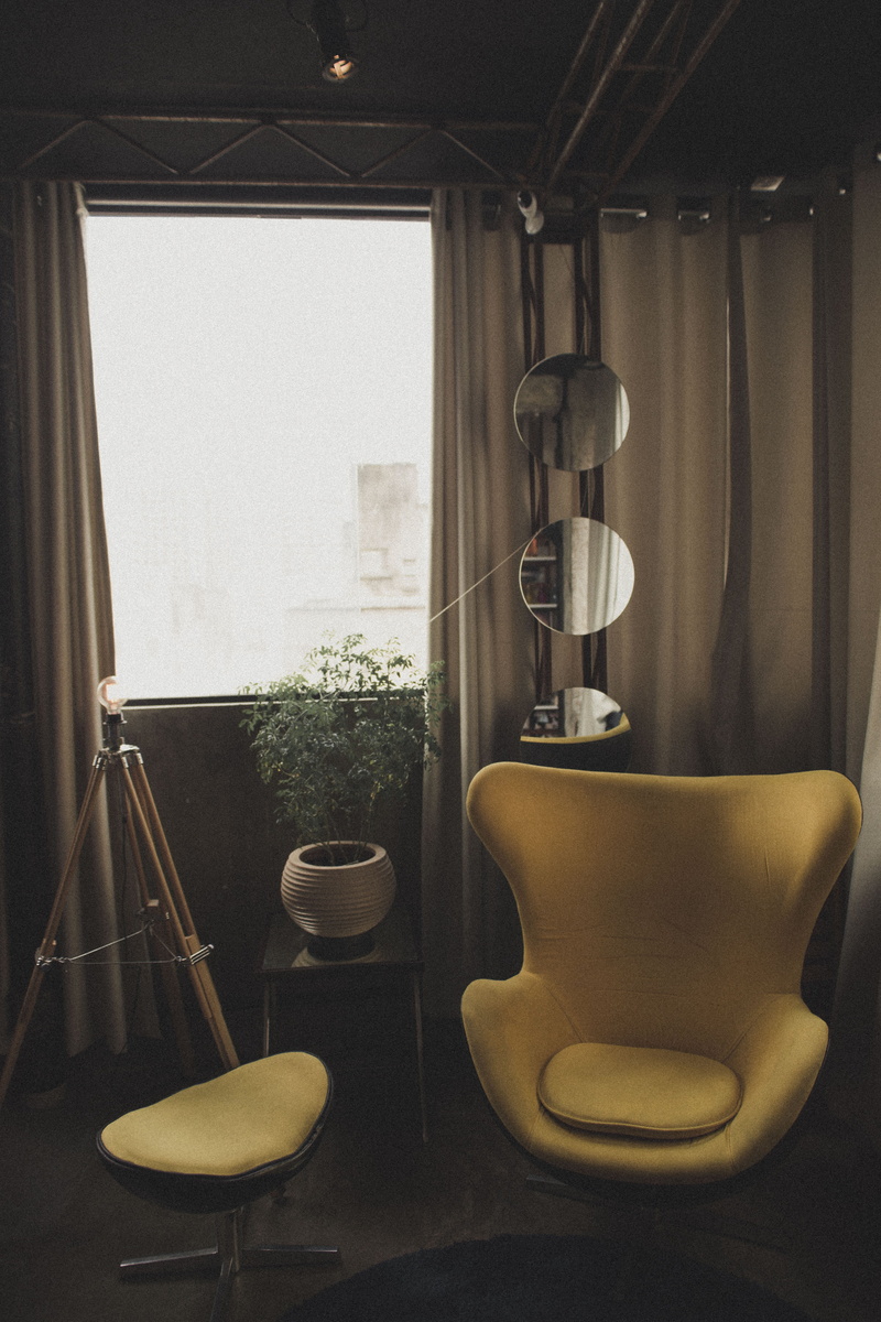 domestic room, round, interior design, near, light, still life, table, hanging, mirrors, room, curtains, tripod, decor, home, seat, glass window, furniture