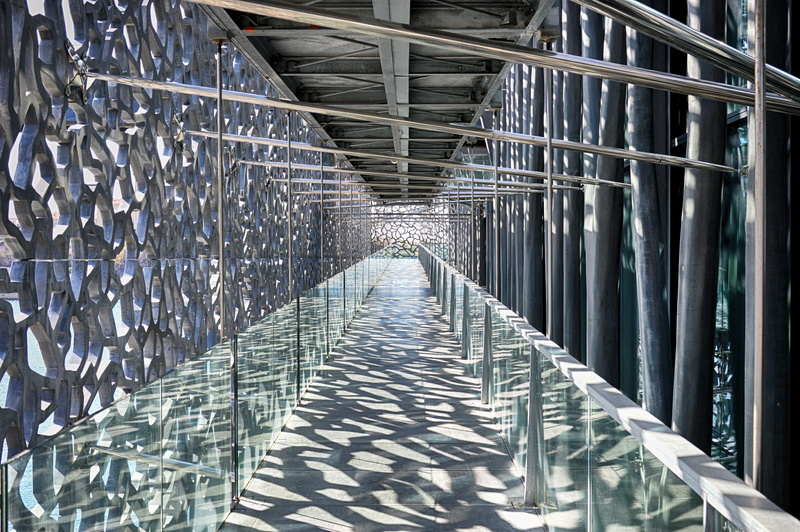 glassware, sunlight, bridge - man made structure, mucem, no people, the way forward, built structure, bridge, day, footbridge, steel, footpath, architecture