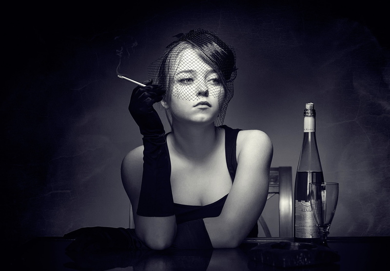 monochrome, face, gloves, hat, women, bottles, model, cigarettes, looking away, veils, wine, smoking, 1080P