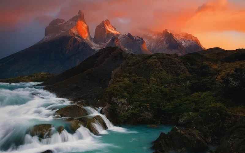 sunsets, mountain range, motion, chile, mountains, long exposure, water, rock - object, mountain, waterfalls, ph, idyllic, sky, rock, nature, solid, andes