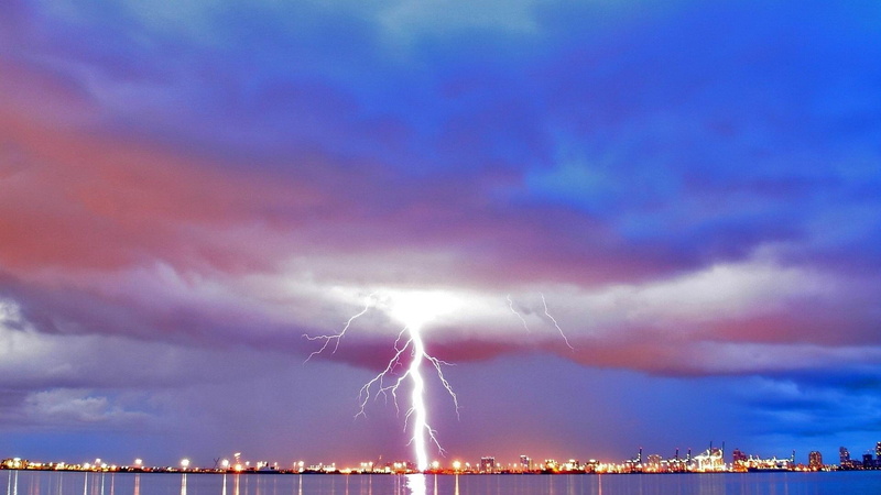 water, nature, storm, cityscape, modulations, built structure, beauty in nature, ph, purple, strike, night, outdoors, 1080P, building exterior, architecture