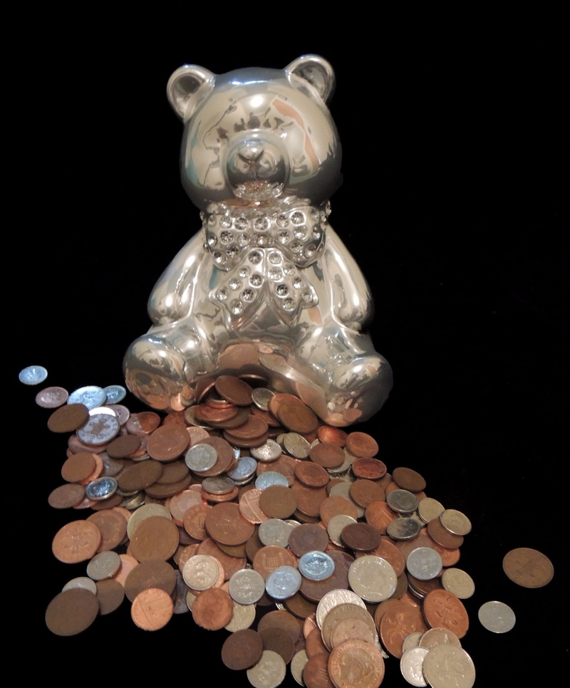 rich, saving, teddybear, container, coin, bear, finance, studio shot, round, close-up, pay, earn, savings, quarter, shiny, shape, banking, alowance, price