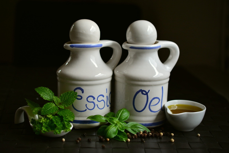 pepper, plant, 5K, oil and vinegar, mug, still life, freshness, jars, salad herbs, cook, ingredients, taste, crockery, oil, ceramic, parsley, salad dressing