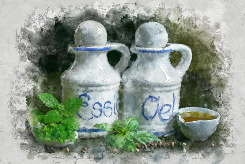 two, oil, leaf, salad dressing, ingredients, digital painting, nature, pepper, plants, digital manipulation, parsley, carafe, basil, taste, mediterranean