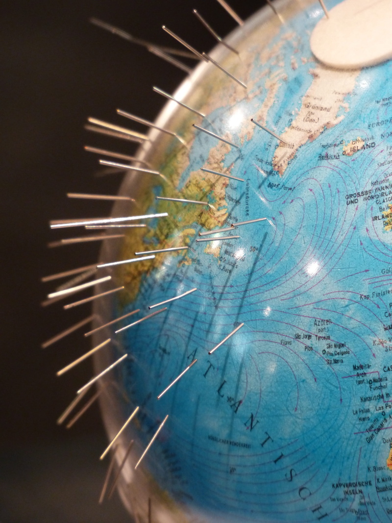 technology, direction, accuracy, pattern, close-up, globe, nature, pole, south pole, straight pin, space, indoors, guidance, blue, steel pins, illuminated
