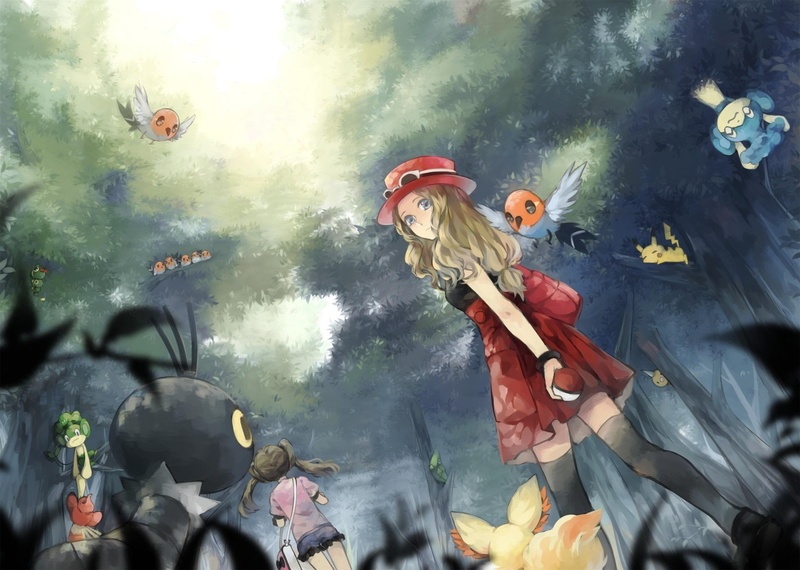 reflection, Thigh Highs, Bracelet, festival, Serena (Pokémon), animal wildlife, Metapod (Pokémon), fish, people, 1080P, water, Pokémon, Blue Eyes, group of people
