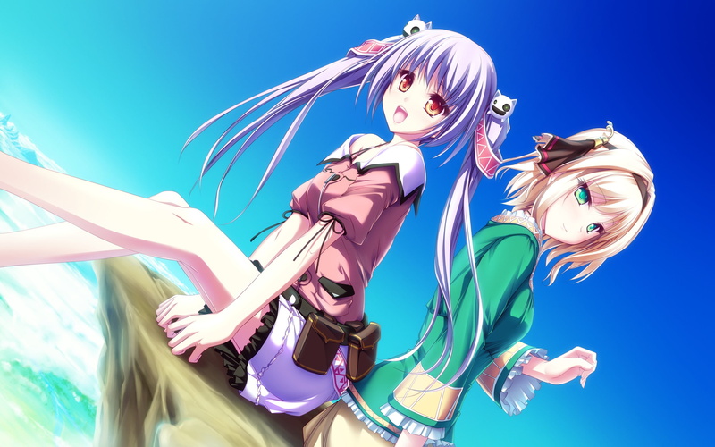 blondes, hair, twintails, dress, girls, ryuuyoku, long, anime, visual, green, 2K, eyes, open, mouth, purple, skirts, short, novels, melodia