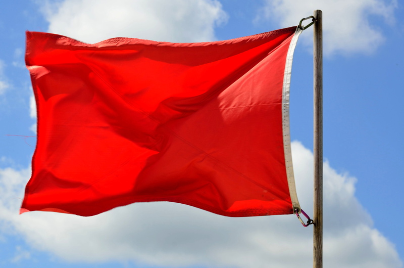 ocean, cloud - sky, day, lifeguard, pole, color, sign, danger, red flag, flag, pride, shore, textile, environment, sea, sky, alert, swimming, waving, wind