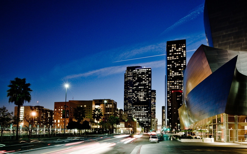 city, long exposure, light trails, 1080P, street, Los Angeles, architecture
