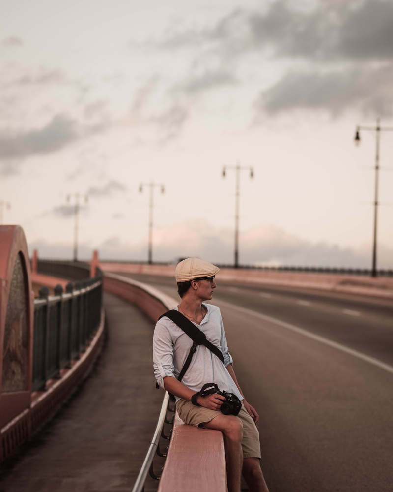 adult, hat, portrait, outdoors, person, 4K, rucksack, model, men, guy, road, polo, bridge, backpack, travel, transportation, leisure activity, wearing