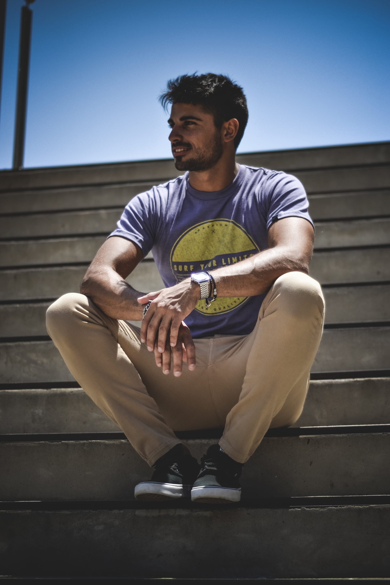 front view, full length, grey, male, casual clothing, steps, one person, men, yellow, young men, staircase, wearing, t, stairs, concrete, adult, lifestyles