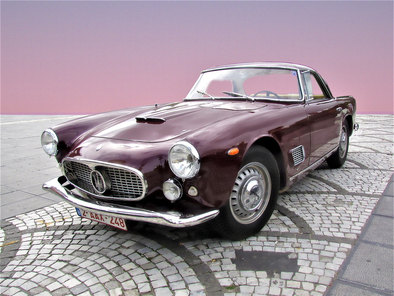 motor vehicle, day, old-fashioned, sports car, sky, stationary, luxury, automotive, Maserati, obsolete, purple, mode of Transport, Chrome, vintage Car