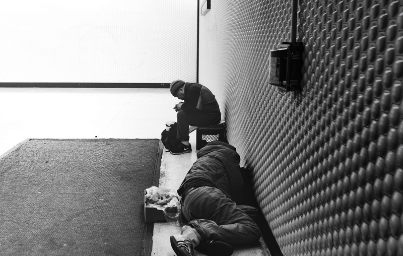 casual clothing, one person, men, sitting, building, sleeping on streets, poor, america, 4K, lifestyles, window, full length, leisure activity, homelessness