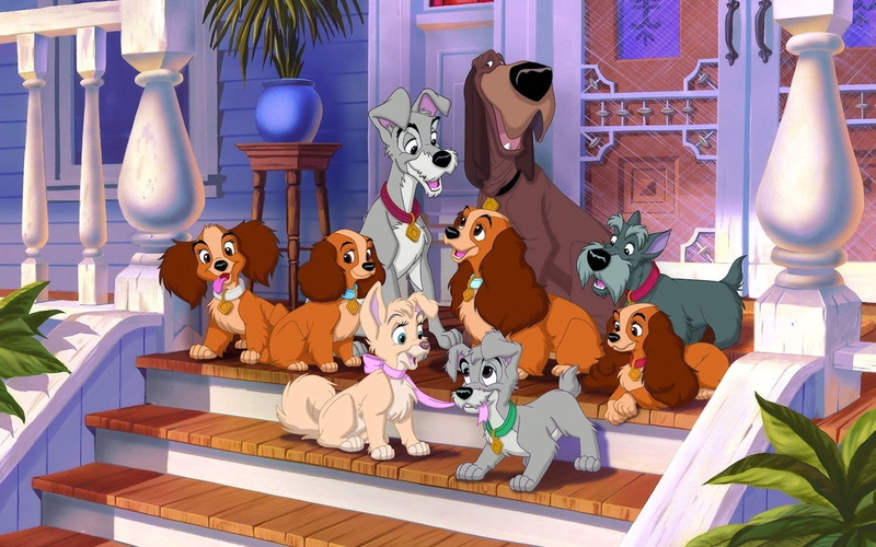 porch, Trustee, dogs, Lady, cartoon, house, characters, Jock, 1080P, heroes, Lady And The Tramp, puppies, Hobo