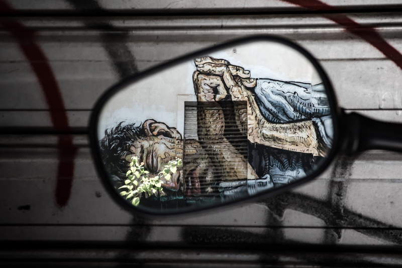 reflection, painting, city, mural, street, 2K, sleeping, exarcheium, people, person, outdoors, homeless, elcarito, urban, glass - Material, urban Scene