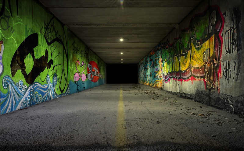 lighting equipment, Night, light at the end of the tunnel, street art, indoors, illuminated, wall - building feature, diminishing perspective, multi colored