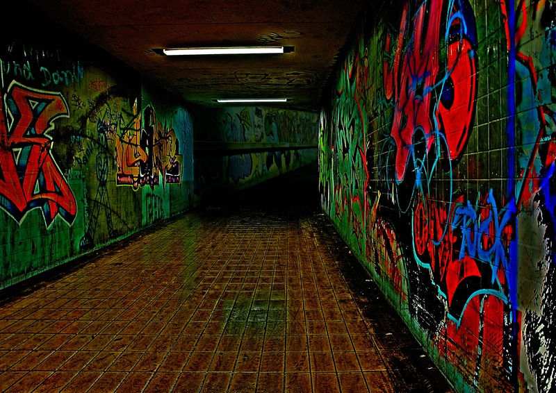 lighting equipment, mural, underpass, messy, multicolored, direction, graffiti, night mood, footpath, indoors, no people, wall - building feature, illuminated
