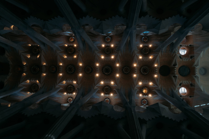 building, concrete, brown, light fixture, decoration, low, no people, angle, 5K, hanging, design, electricity, lighted, close-up, ceilings, La Sagrada Familia