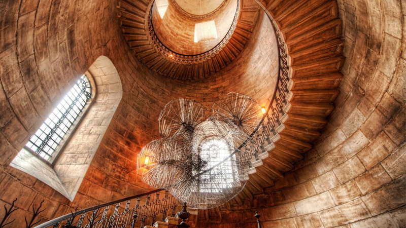bricks, HDR, interior, chandeliers, tower, ancient, sunlight, staircase, 1080P, window