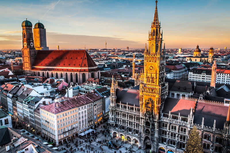 famous Place, 4K, panoramic, capital Cities, building, sunset, construction Industry, church, cloud - sky, big, munich, building Exterior, gothic Style