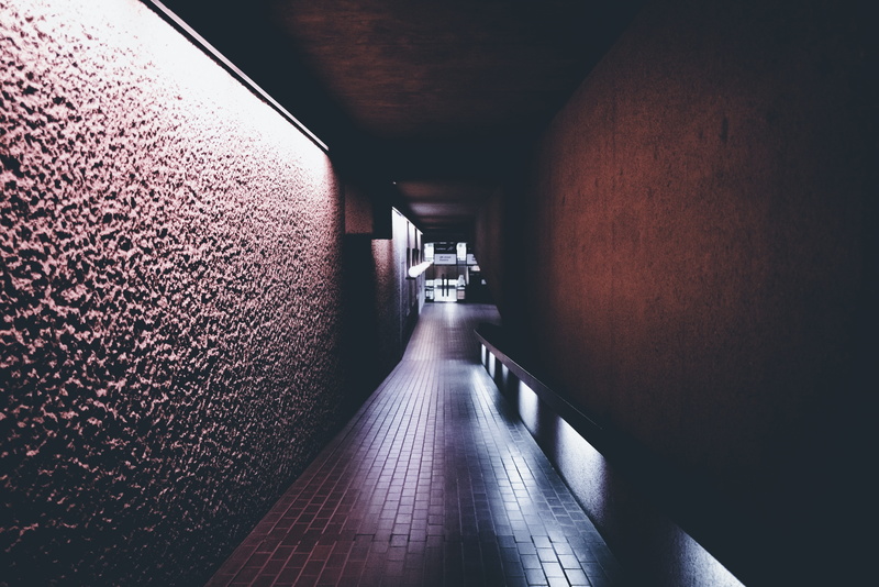 the way forward, bridge, light, floor, dark, corridor, empty, concrete, flooring, modernist, no people, ceiling, barbican, urban, long, lighting, uk, boardwalk