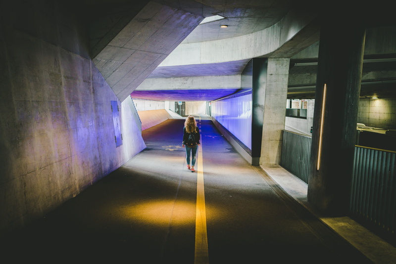 modern, purple, adult, woman, city Life, abstract, indoors, person, built Structure, street, subway Train, underground, walking, tunnel, inside Of, back Lit