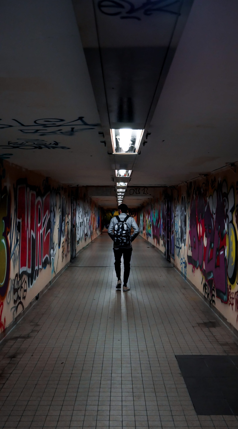 old, man, indoors, underpass, people, person, urban, street, brussels, corridor, alleyway, fashion, modern, tunnel, light, walking, urban Scene, wall - Building Feature