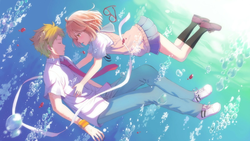 blonde, kyoukai, kanbara, kneehighs, hair, skirt, terras, 720P, blood, shirt, kuriyama, underwater, short, tie, yellow, mirai, eyes, glasses, kanata, bubbles