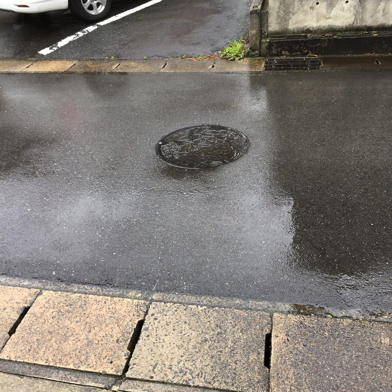 no people, puddle, sidewalk, day, Rainy, architecture, sewage, concrete, sewer, the manhole, transportation, circle, Manhole, asphalt, Road, street, rain