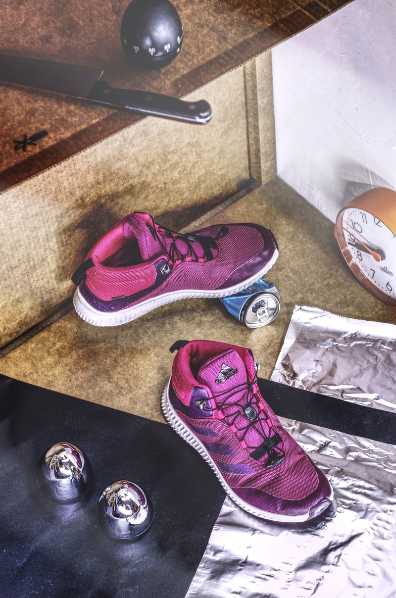 focus on foreground, still life, advert, table, group of objects, purple, flooring, 4K, close-up, pair, personal accessory, fashion, no people, adidas